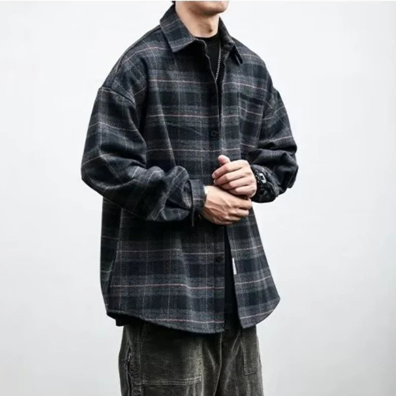 sanyamk Shirts for Men Chic Long Sleeve Casual Spring Autumn Daily Streetwear All-match Japanese Style Plaid Retro Fashion Outerwear