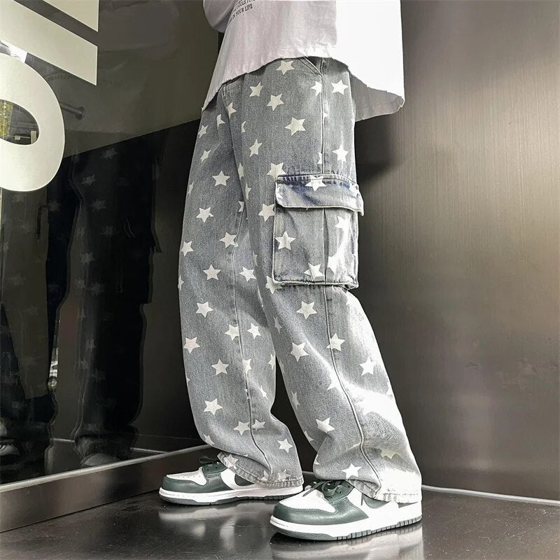 Bonsir American Washed Street Hip Hop Men's Jeans Vintage Star Big Pocket Loose Straight Black Workwear Jeans Brand Men's Pants