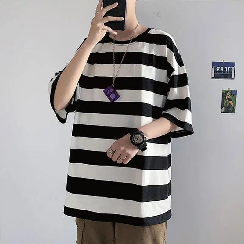 sanyamk - Printing Round Neck Spring Summer T-Shirts Simplicity Striped Handsome Short Sleeve Pullovers Loose Streetwear Men's Clothing