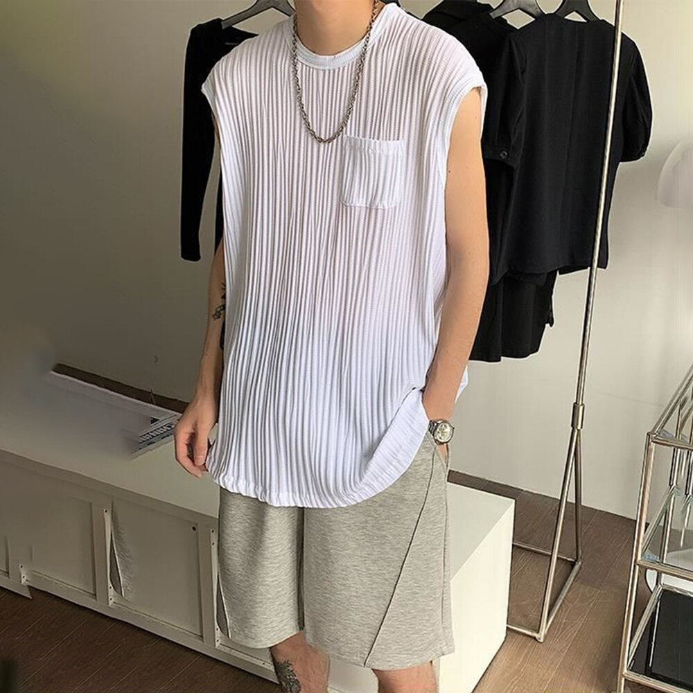 Bonsir Summer Casual Pleated Sleeveless Vest Men's Trend Sexy Sleeveless Tee Shirts Korean Loose Tabk Tops Solid All-match Streetwear