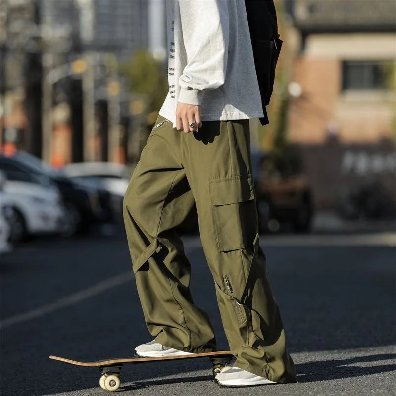 sanyamk Korean Version Vintage High Street Casual Work Pants Men's Students Solid Elastic Waist Pockets Loose Wide Leg Straight Trousers