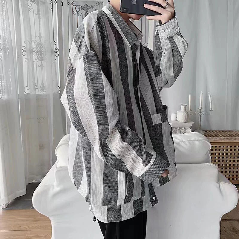 sanyamk Green White Vertical Striped Long Sleeve Shirt Men Oversized Blouses Spring Fall Fashion Japan Vintage Hit Color Cardigan