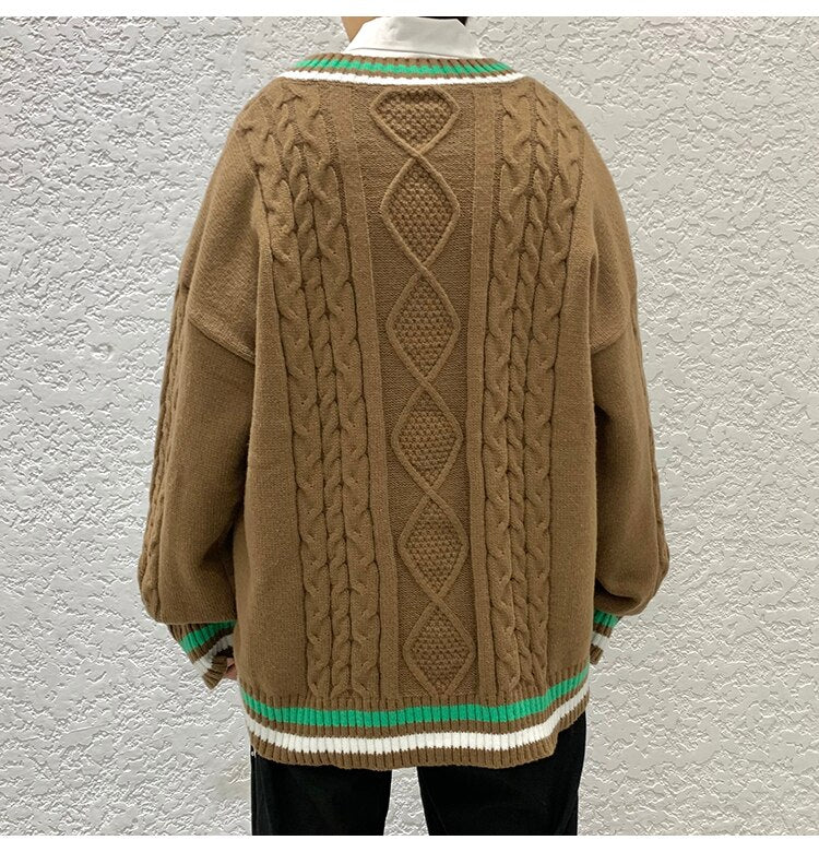 Bonsir Winter V-neck Sweater Men New Patchwork Color Knitted Sweater Pullover Harajuku Couple Streetwear Loose Knitwear Oversized 2XL