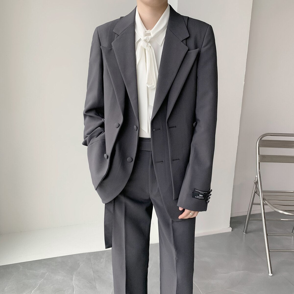 sanyamk Double Collar Design Suits Sets Men Fashion Show Korean Office Business Casual Suits Blazer Jacket Pant Streetwear Suits Man