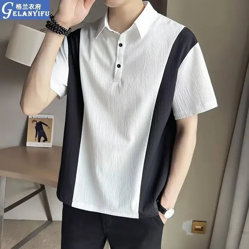 sanyamk Fashionable Hong Kong Style Casual Men's Polo Shirt Short Sleeves Trendy Brand New Summer Neutral Black For All Seasons