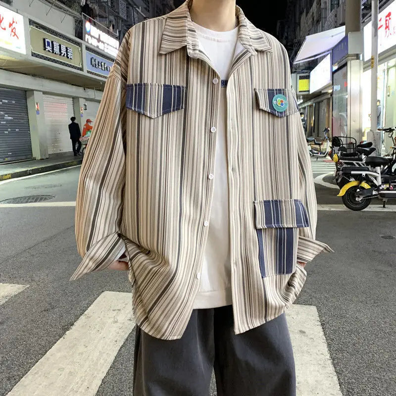 sanyamk - Streetwear Young Style Loose Korean Fashion Shirts Casual Striped Handsome Button Pockets Man Spring Summer Men's Clothing