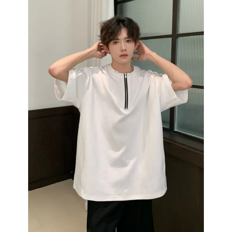 sanyamk - Summer Men's Oversized T-shirt Short Sleeve Tee Half Zipper Placket Solid Cotton Casual t-shirts for men Clean Fit Boy Clothing