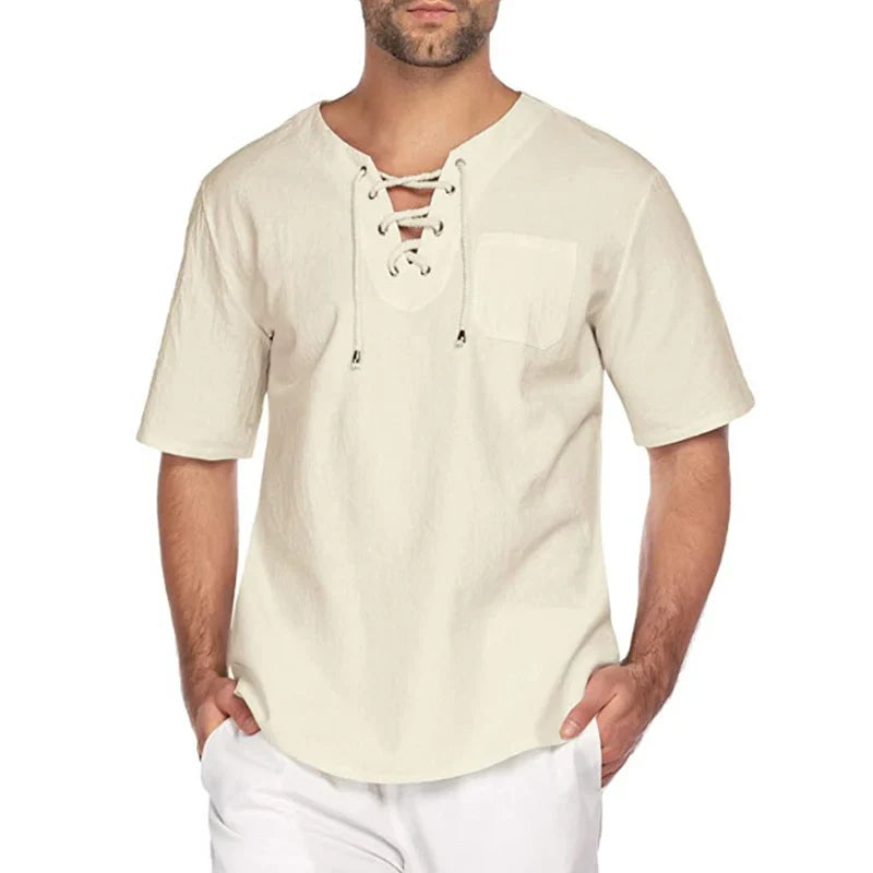 sanyamk - Summer Daily Leisure Cotton Linen T Shirt Men Vintage Drawstring V Neck T-shirts Casual Solid Color Short Sleeve Mens Pullovers