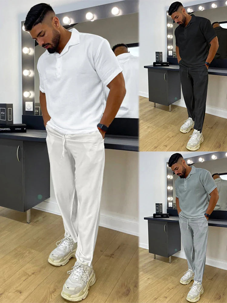 sanyamk Spring Summer Casual Solid Two Piece Sets Men Fashion Short Sleeve Slim Tops And Pants Suits Clothing Mens Trend Streetwear