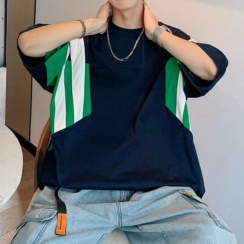 Bonsir Men Clothing Summer Trendy Streetwear Oversized Contrast Color Short Sleeve T-shirt Youth Korean Casual O Neck Hip Hop Y2K Tops