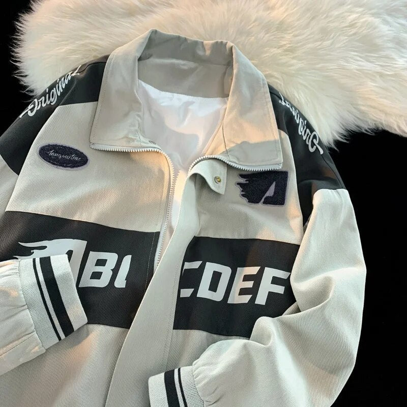 Bonsir American Vintage Racing Jacket Men Cycling Lapel Jacket Women BF Letter Varsity Coat Oversize High Street Vibe Baseball Uniform