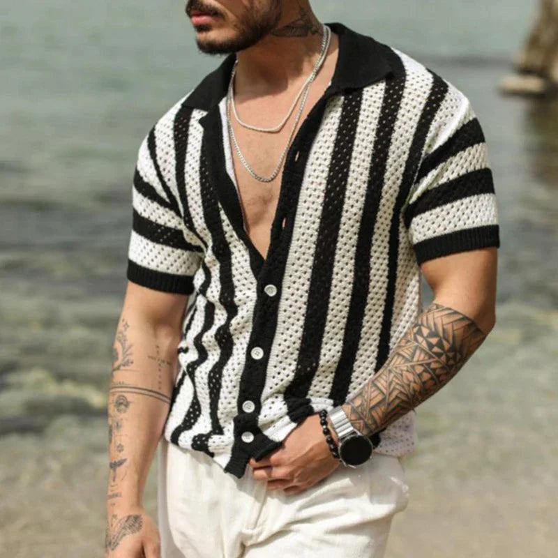 sanyamk - Male Collar Button-up Cardigan Social Shirt Men Clothing Hollow Loose T-shirts 2yk Top Fashion Striped Stitch Polos Shirts