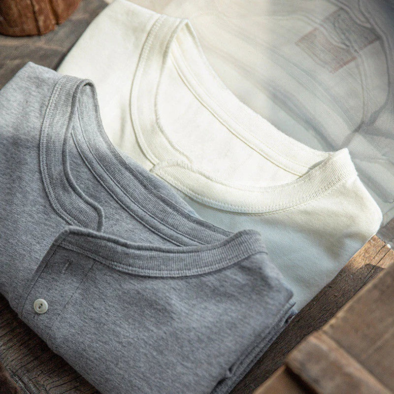 BONSIR - 2024 Spring Casual Cotton Henley Shirts For Men Autumn Fashion Buttoned Crew Neck Pullover Tops Mens Clothes Pure Color T Shirt
