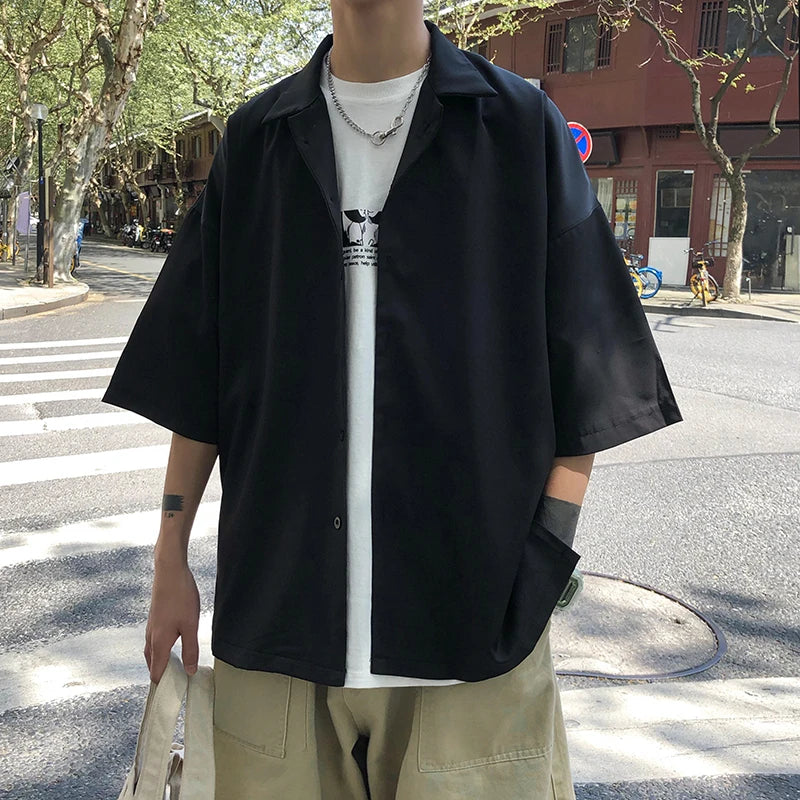Bonsir Simple Solid Shirts Men Clothing Korean Loose Shirt Streetwear Chemise Homme Summer Half Sleeve Shirt Flat Collar Casual Tops
