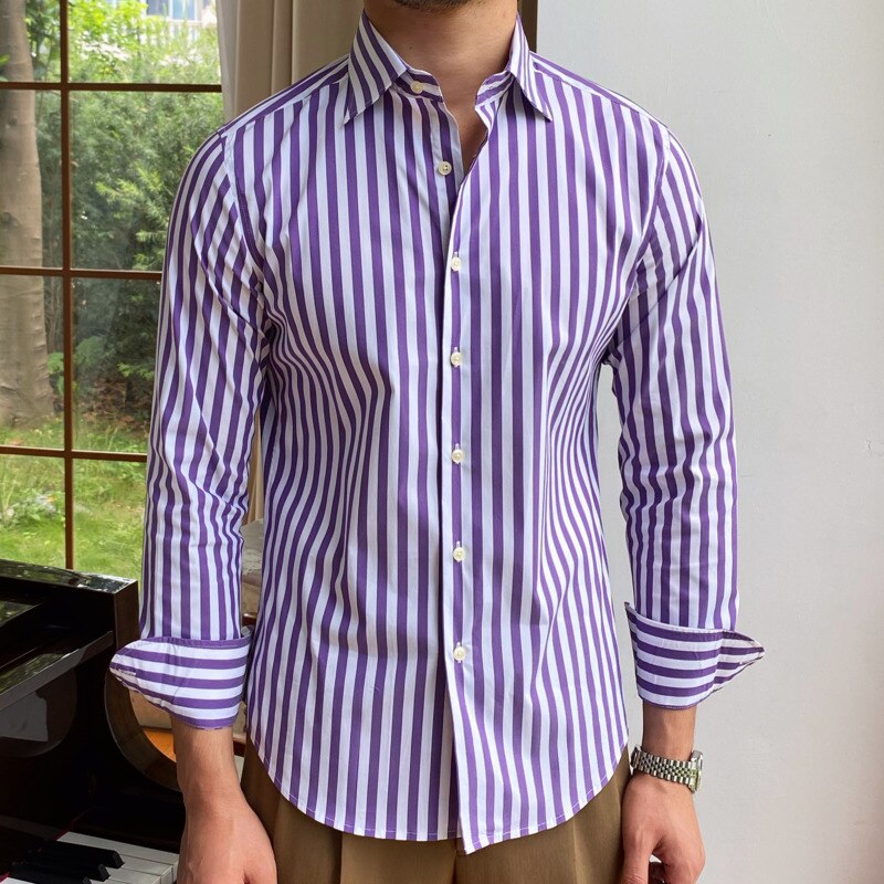 Bonsir British Casual Contrasting Colors Stripe Shirt Retro Shirt Dress Camisa Masculina Social Italian Fall Men Long Sleeve Shirt