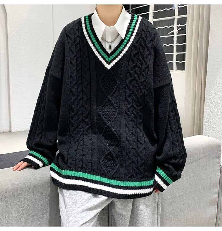 Bonsir Winter V-neck Sweater Men New Patchwork Color Knitted Sweater Pullover Harajuku Couple Streetwear Loose Knitwear Oversized 2XL