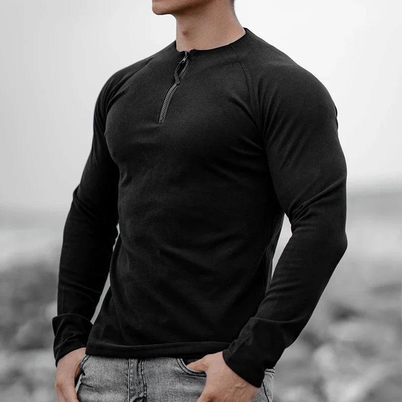 BONSIR - 2024 Slim O-Neck Zipper Tops Spring Autumn Muscle Elastic t Shirts Men Clothing Casual Solid Long Sleeve Pullover Tees For Man