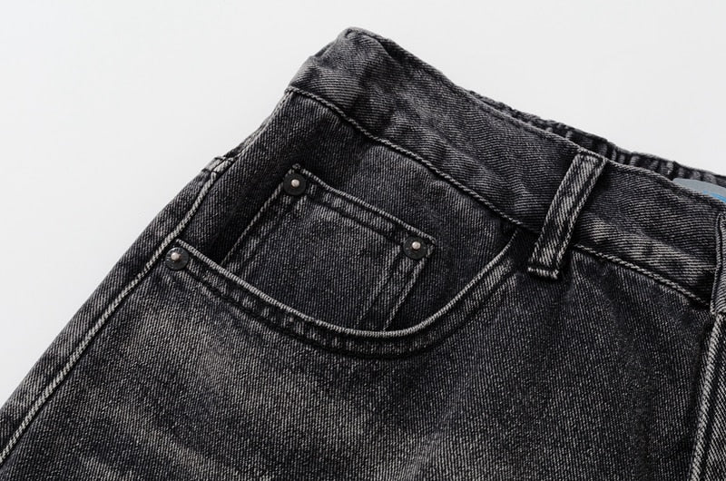 sanyamk Distressed Embroidery Pockets Elastic Waist Retro Jeans Pants Men and Women Straight Washed Casual Baggy Denim Trousers