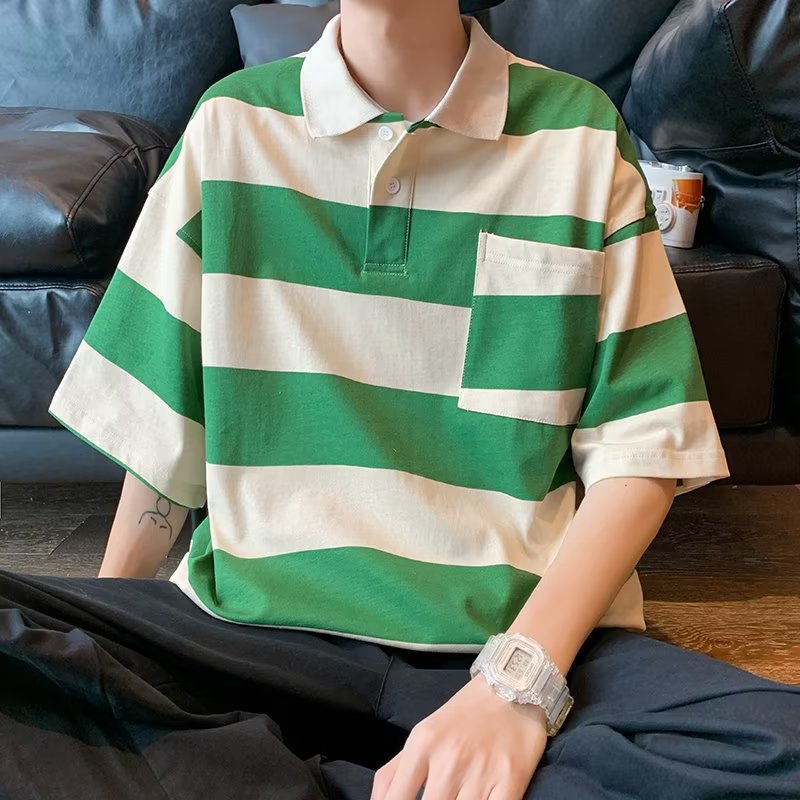 sanyamk Japanese streetwear Футболки fashion loose short-sleeved POLO shirt men's ins tide brand design pocket striped T-shirt