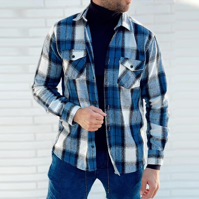Bonsir Casual Long Sleeve Mens Jackets Button-up Turn-down Collar Cardigans Tops Autumn Men Fashion Plaid Printed Coats Outerwear