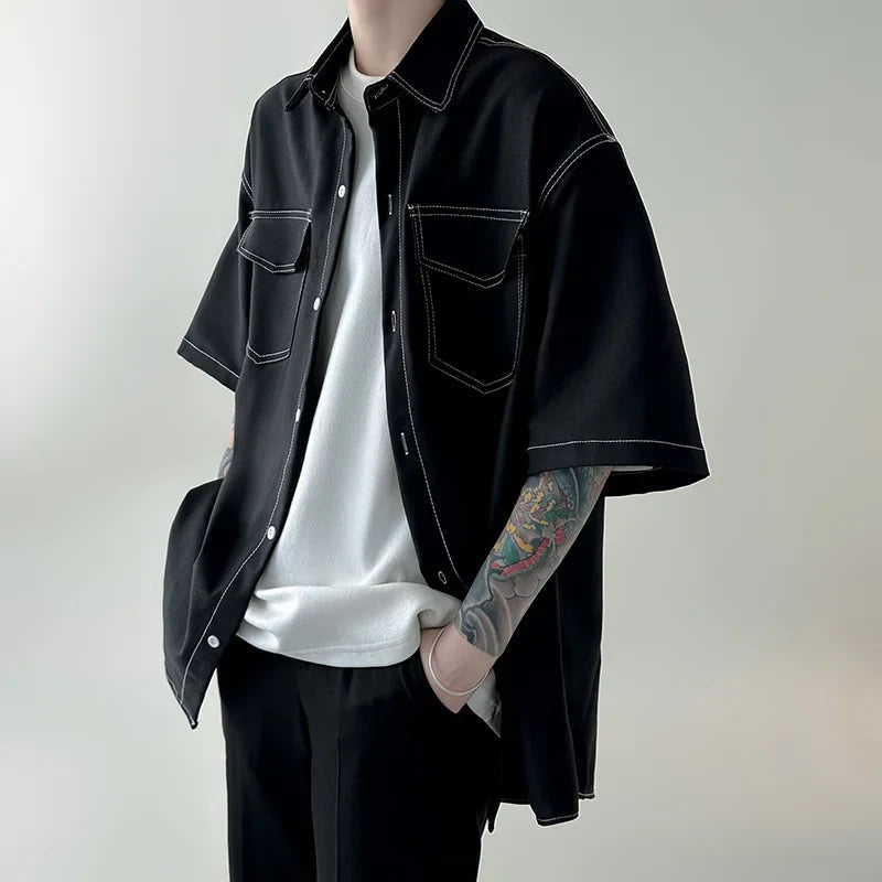 sanyamk - Summer Short Sleeve Shirt Men Fashion Retro Pocket Shirt Men Streetwear Korean Loose Casual Shirts Mens Oversized Shirt M-2XL