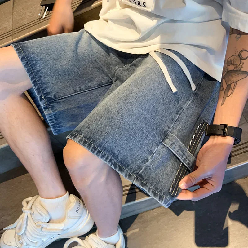 sanyamk Zipper Patchwork Jeans Shorts Men Harajuku Streetwear Denim Shorts Hip Hop Summer Casual Loose Straight Shorts Clay Yellow