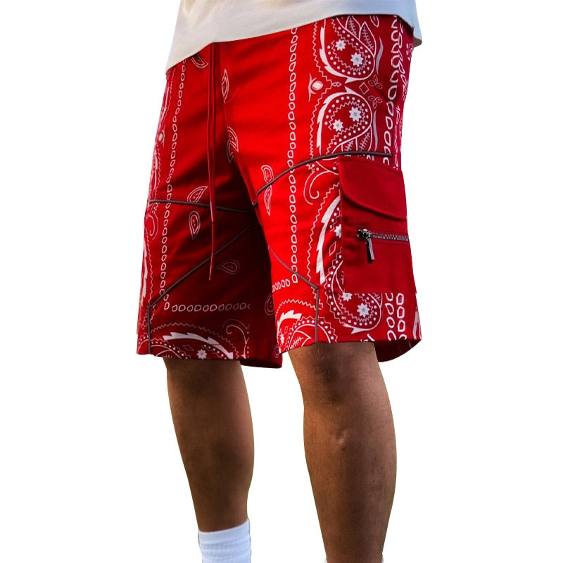sanyamk Hip Hop Mens Cargo Shorts Fashion Graphic Print Zip-up Patch Pockets Straight Short Pant Streetwear Men Clothing Vintage Shorts