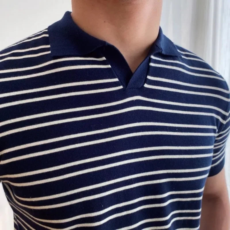 sanyamk - Mature Men Clothing Summer New V-neck Striped Knitted T-shirts for Men Short Sleeve Trend Simple Fashion Lapel Polo Shirts