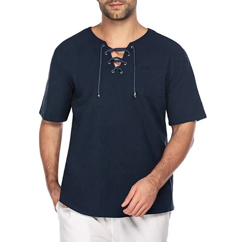 sanyamk - Summer Daily Leisure Cotton Linen T Shirt Men Vintage Drawstring V Neck T-shirts Casual Solid Color Short Sleeve Mens Pullovers