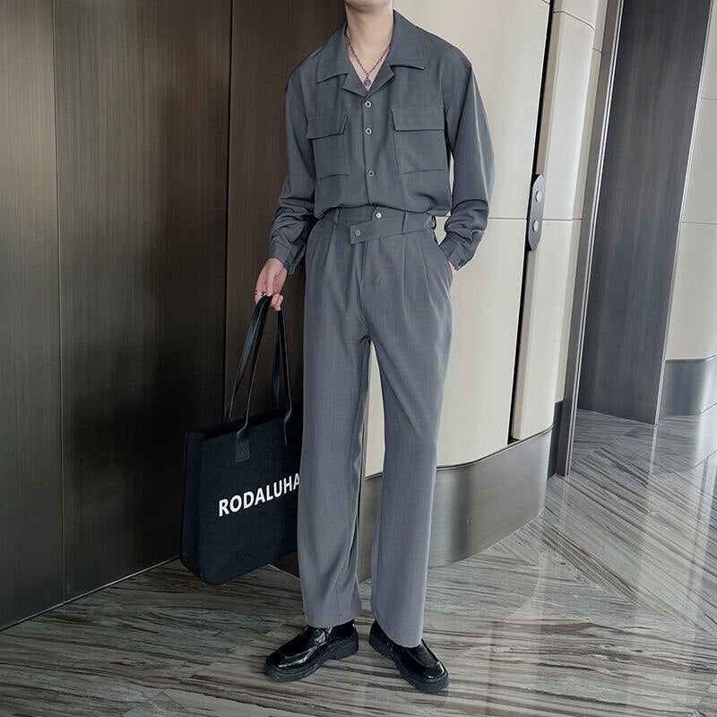 sanyamk Autumn Grey Black Sets Men Fashion Retro Pocket Long-sleeved Shirt/trousers Two-piece Men Korean Loose Casual Mens Sets M-2XL