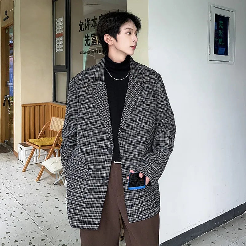 sanyamk - Fashion Oversize Plaid Blazer Jacket Men Japanese Style Clothing Vintage Casual Loose Grid Suit Coat Hip Hop Streetwear Khaki