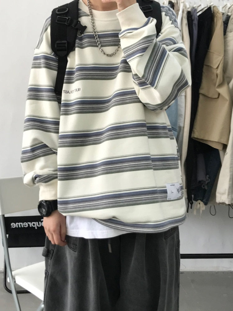 Bonsir Japanese Casual Harajuku Striped Long Sleeve T-Shirt Men's Loose Plus Size Simple All-match Clothes Hip Hop Couple Streetwear