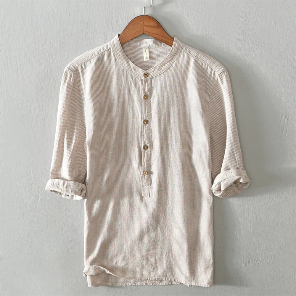 sanyamk - Cotton Linen T Shirt Men Women 2024 Spring Summer New Khaki V-neck Striped Thin Short Sleeve T-shirts Casual Breathable Top Tees