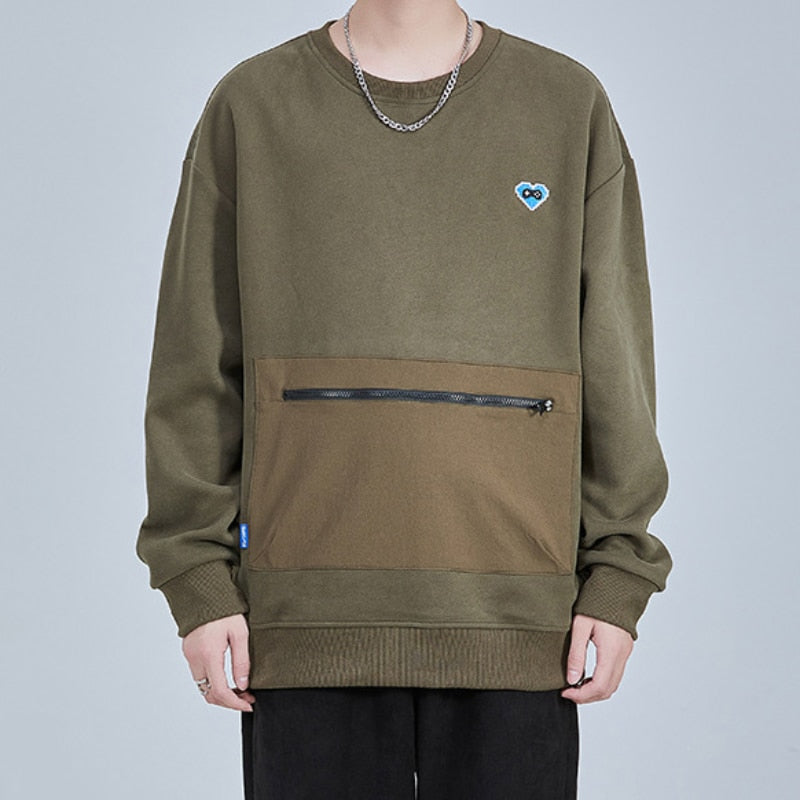 Bonsir American High Street Sweatshirt Men Hiphop Hoodless Long Sleeve Shirt Spring Autumn Urban Simple Zipper Pockets Pullover Tops