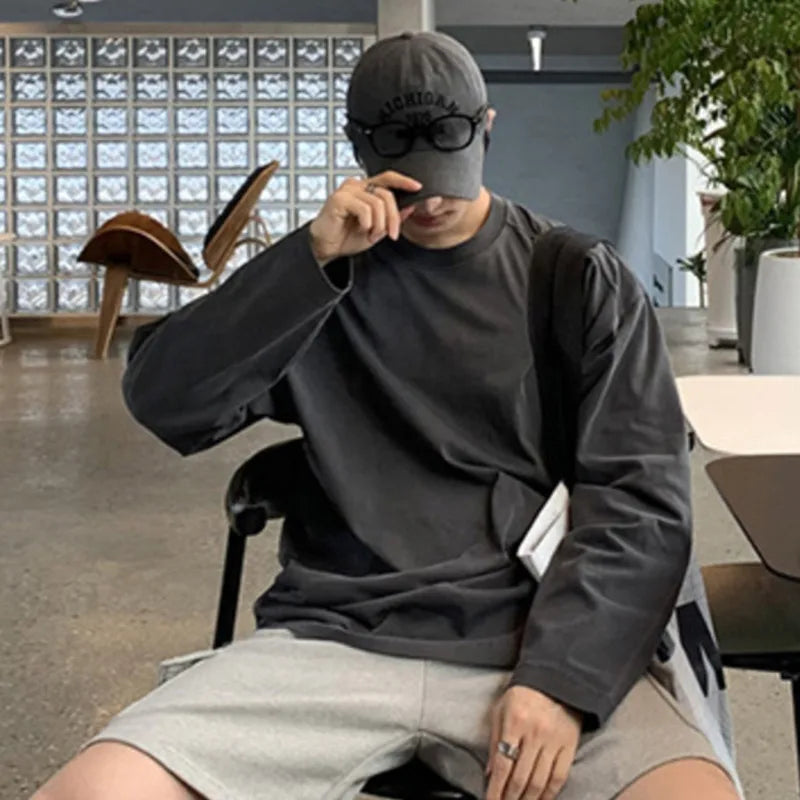 sanyamk - Solid Color Men's Tees Round Collae Long Sleeve Casual Menwear Pullover Korean Style Male T-shirts Simple New Autumn 9C7799