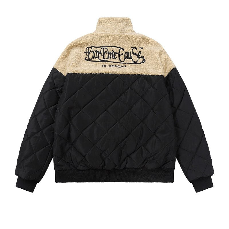 Bonsir Winter Vintage Embroidery Lamb Fleece Cotton Jacket Men's Loose Splice Color Rhombic Thick Warm Cotton Coat for Men