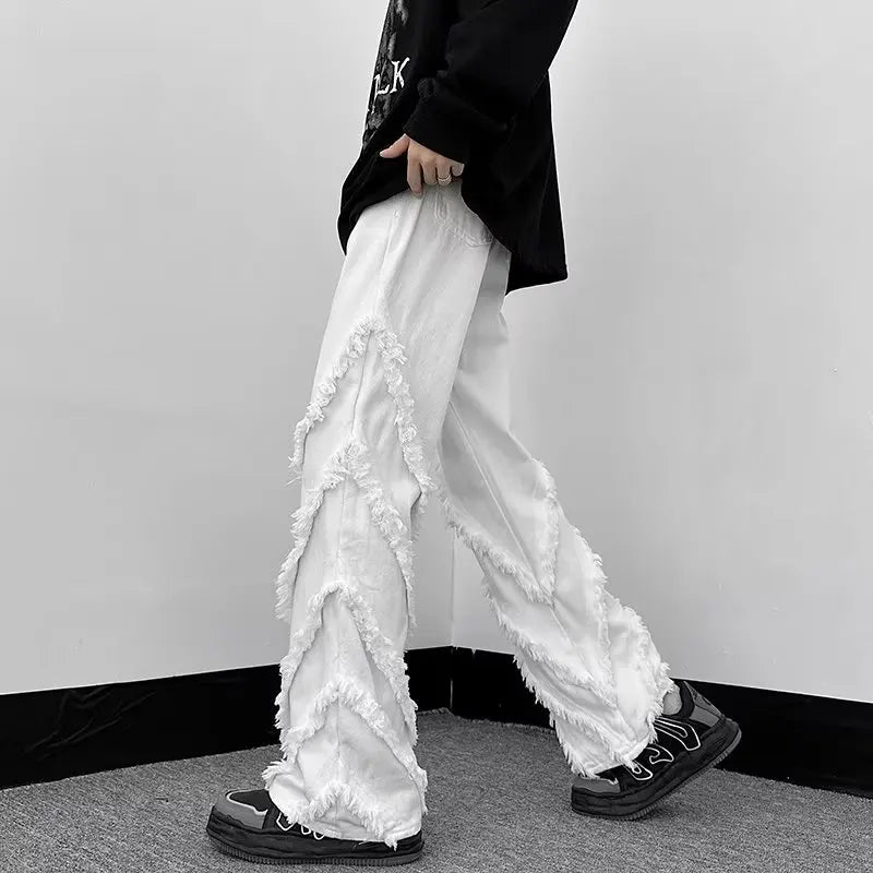 sanyamk Gothic Style Factory Tassels Versatile Slim Edge Washed Denim Casual Flare Men Pants Darkwear Solid Color Male Trousers