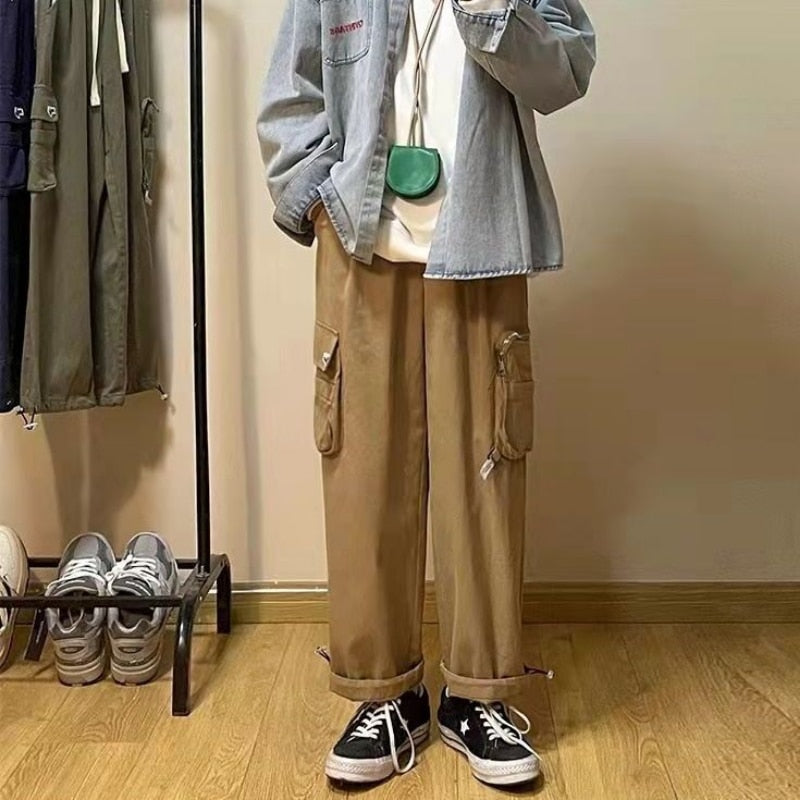 sanyamk Vintage Classic Cargo Pants Men Zipper Straight Trousers Male Japanese Style Loose Casual Streetwear Hip Hop Fashion