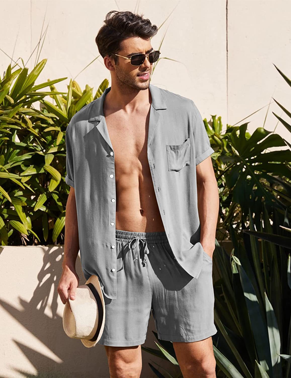 sanyamk Summer Cotton Linen Shirt Set Men's Casual Outdoor 2-Piece Suit Andhome Clothes Pajamas Comfy Breathable Beach Short Sleeve Sets