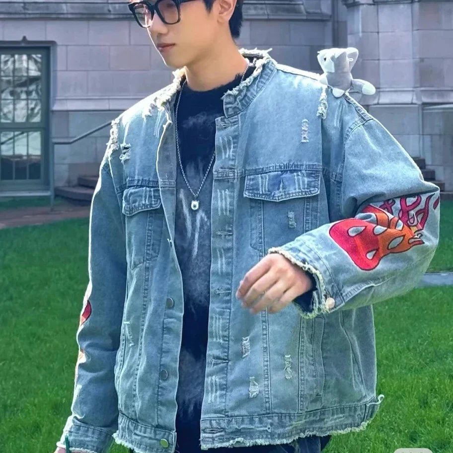 sanyamk High Street Cleanfit Ripped Flame Embroidery Hole Washed Blue Denim Jackets Men and Women Vintage Frayed Baggy Jeans Coat