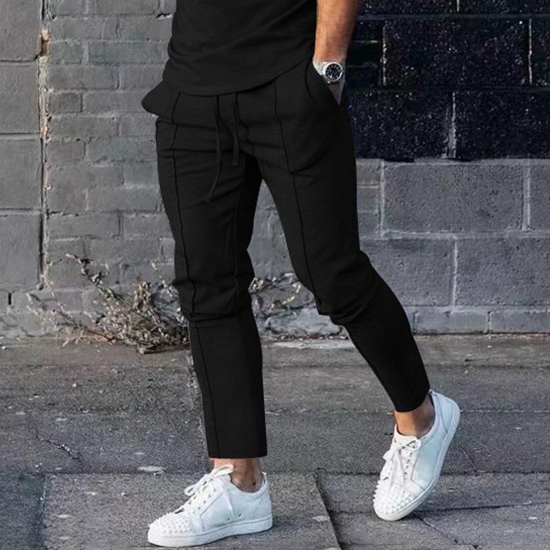 Bonsir Autumn Sports Casual Pants Men Solid Straight Slim Long Pant Drawstring Mid Waist Tie-up Trousers Mens Fashion Streetwear