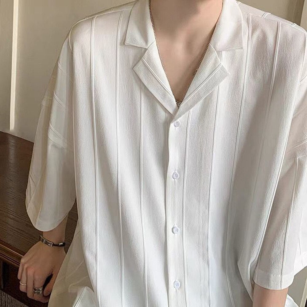 sanyamk Casual Simple Top LGBT Mens Solid Pleated Blouse Lapel Short Sleeve Shirt Streetwear Y2k Loose Leisure Tee Shirts Male Clothing