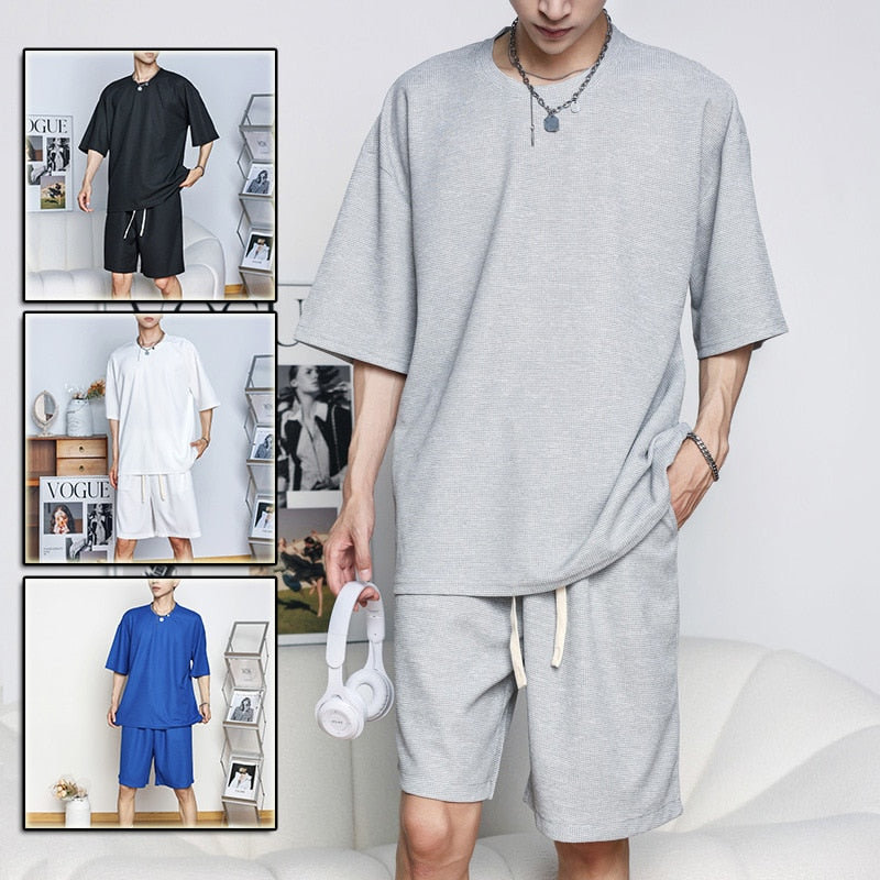 sanyamk Waffle Two Piece Set Men Short Sleeve O-neck T shirts And Shorts Casual Sports Suits 2023 Summer Fashion Mens Tracksuit Outfits