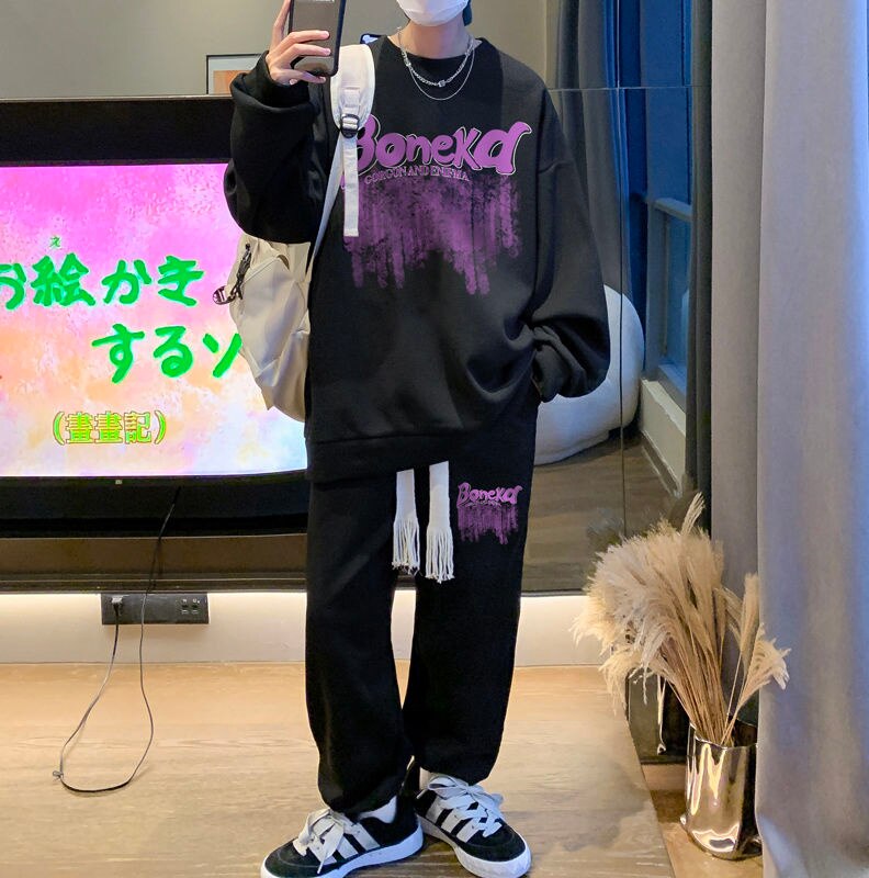 sanyamk Men's Graffiti Letter Printed Sweatshirt Sets Streetwear Oversized Casual Two Piece Tops Pants Suit Male 5XL Clothing