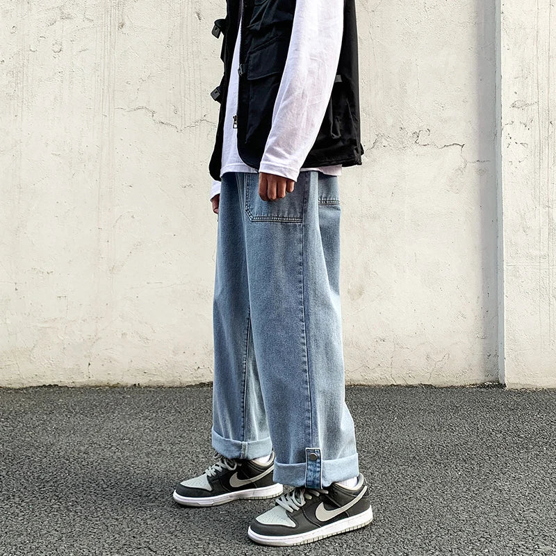 sanyamk Spring New Wide-leg Jeans Men's Straight Loose Pants Hong Kong Style Trend Retro Trousers Bottom Buckle Ankle-length pants