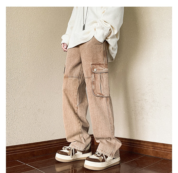 sanyamk 4 Colors Baggy Cargo Jeans Men Fashion Casual Pocket Jeans Men Streetwear Hip Hop Loose Straight Denim Pants Mens Trousers M-2XL