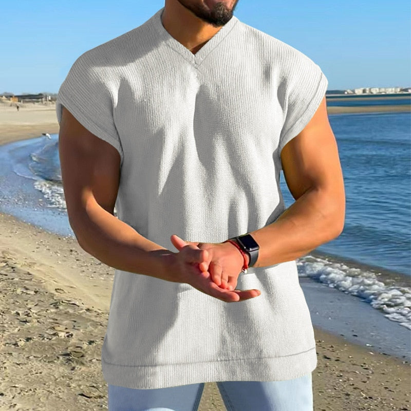 Bonsir Vintage Solid Color Ribbed V Neck Tank Tops Mens Summer Loose Sleeveless Casual Vest For Men Clothes Fashion Streetwear Camisole