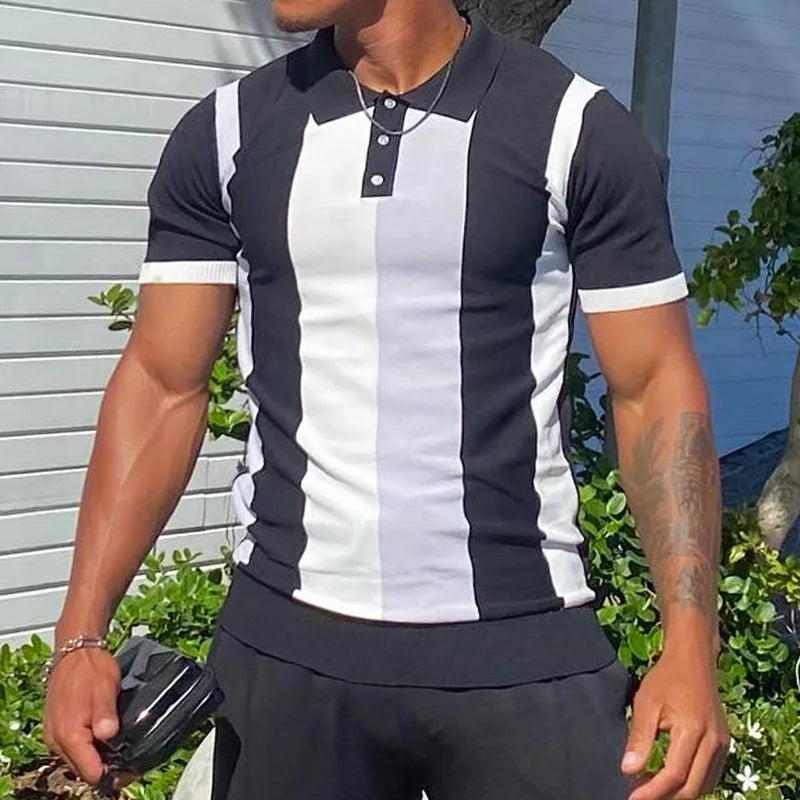 sanyamk - Streetwear Mens Casual Knit Polo 2024 Summer Leisure Short-sleeved Buttoned Lapel Polo Shirts Knitted Mens Striped Knitting Tops