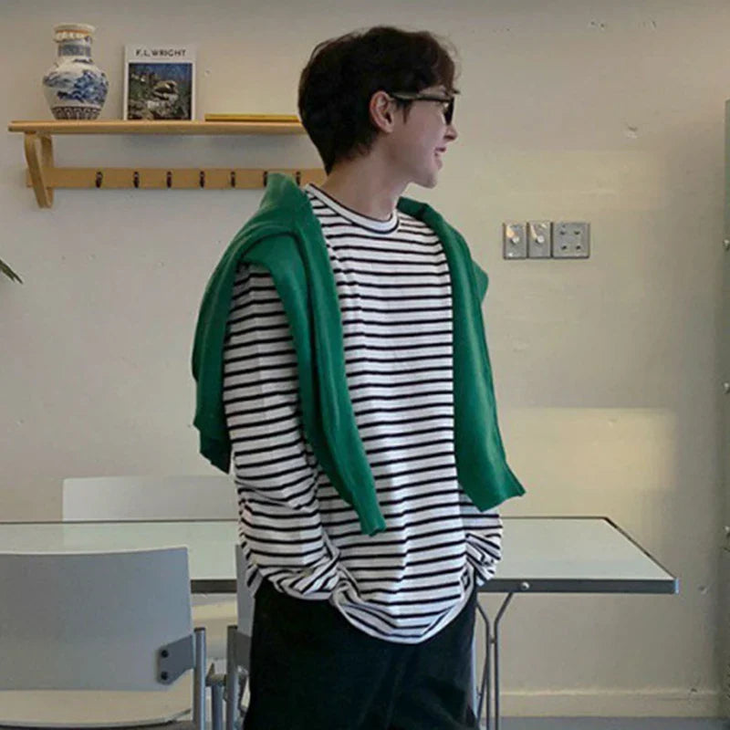 sanyamk - Minimalist Men's T-shirts Stripe Round Collar Long Sleeve Casual Tee Pullover Loose Male Tops Autumn Stylish 2024 9C6920
