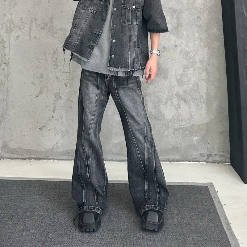 sanyamk American street retro high street men and women trendy personalized washed straight leg jeans loose micro flared casual pants